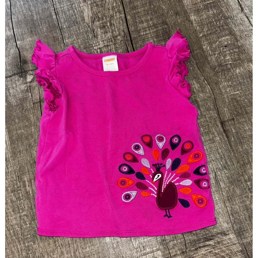 Gymboree Girls Pink Peacock Embroidered Ruffle Sleeve Cotton Top‎ 18-24M
